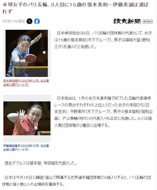 伊藤美诚无缘巴黎奥林匹克运动会   张本智和兄妹将携手出征