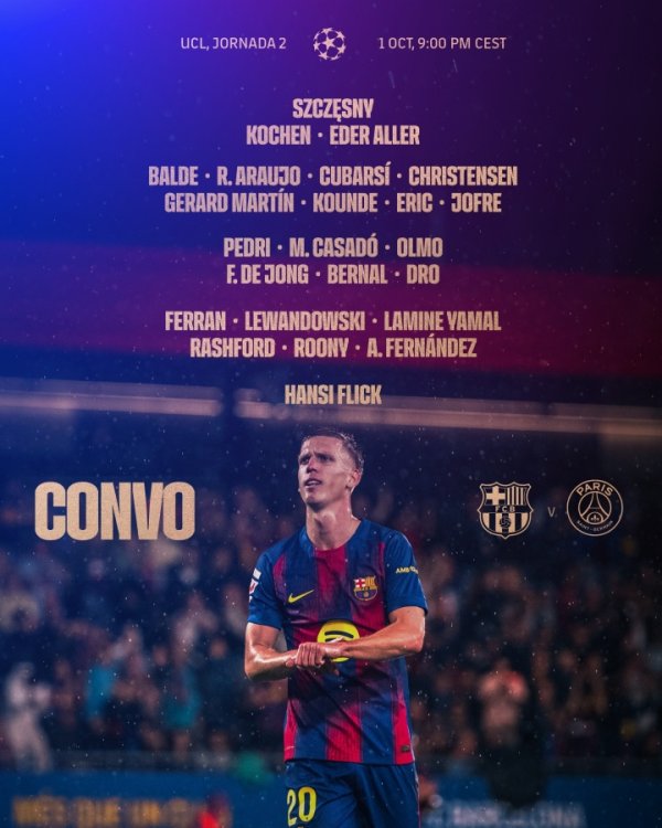 巴萨战巴黎名单：亚马尔、佩德里领衔，巴尔德复出，什琴斯尼在列