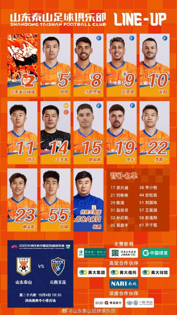 山东泰山 今日阵形    ，助威  💪💪💪