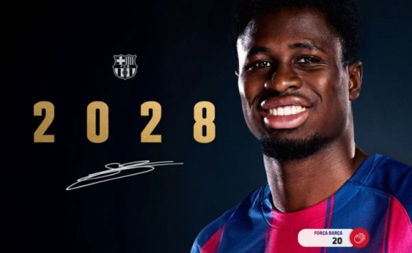 后场多面手！官方：巴萨和18岁后场球员兰德里-法雷续约至20